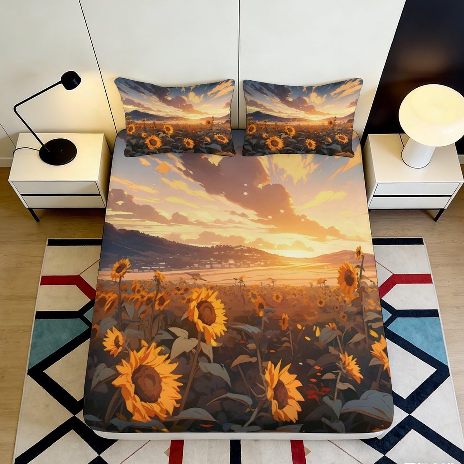 3D Printed Sunflower Field Fitted Sheet Microfiber Sunset Landscape Mattress Cover for Bedroom Dorm Easy Care 140x200x25cm
