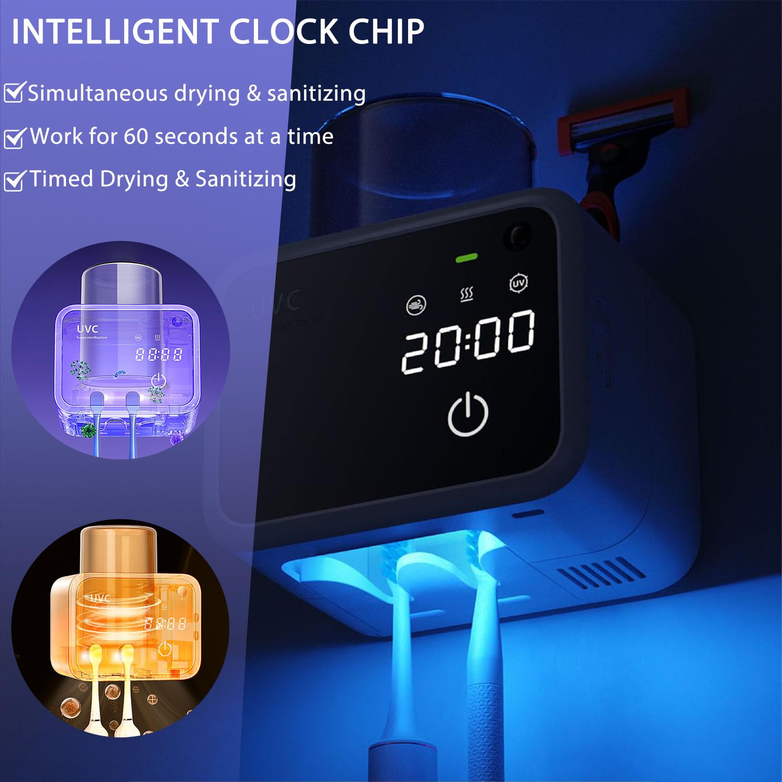 Soporte para cepillos de dientes para baños, soportes para cepillos de dientes eléctricos con secado y limpieza inteligentes, soporte para cepillo de dientes montado en la pared con carga solar,