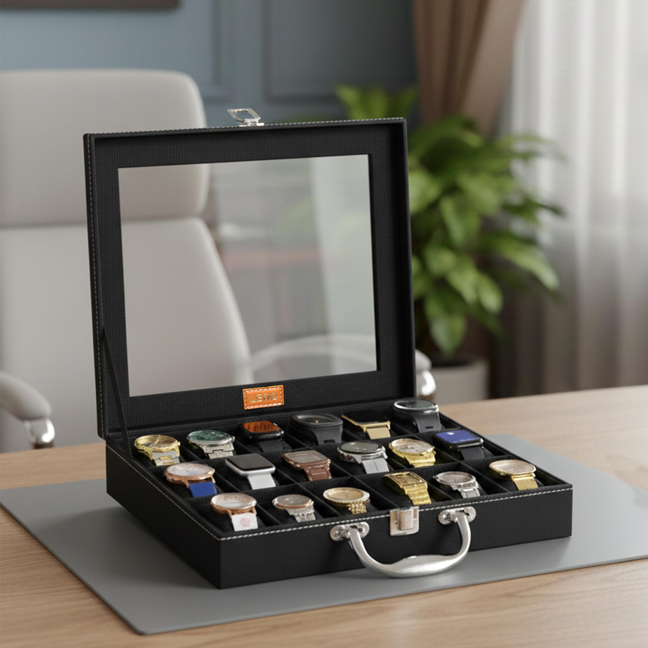 LEDO Men's and Women's Watch Box Holder Organizer Case In 18 Slots of Watches In PU Leather with Black color