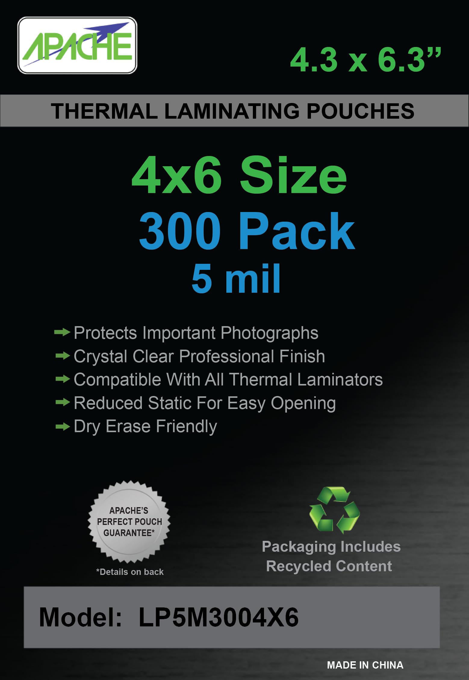 Apache 4x6" Size Laminating Pouches, 5 Mil, 300 Pack, Holds 4 x 6 Inch Projects (4.3 x 6.3 Inch Pouch Size), Thermal Laminator Compatible Laminating Sheets, Super Clear, Round Corners