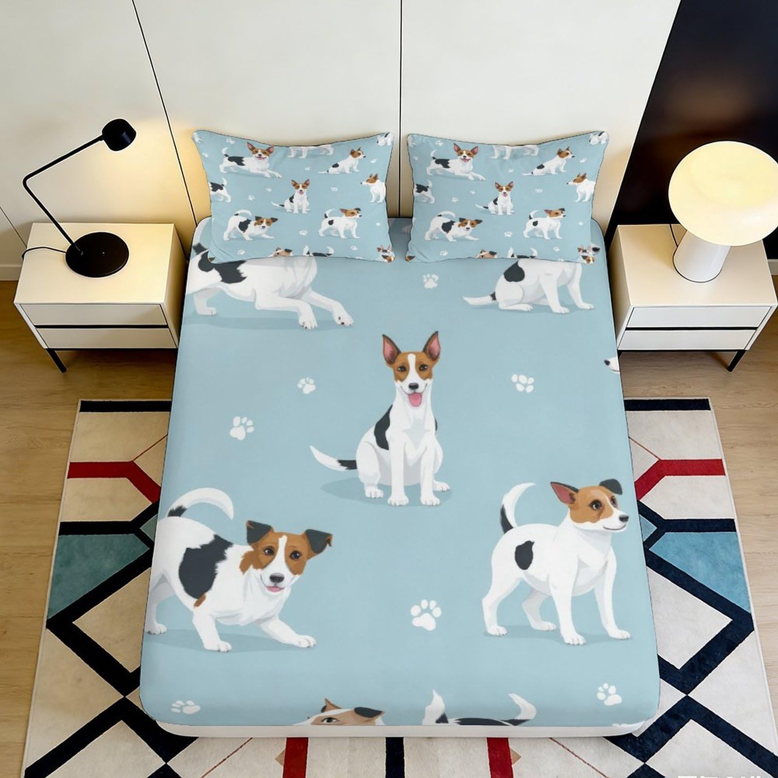 3D Printed Blue Dog Fitted Sheet Microfiber Soft Non-Slip Animal Mattress Cover for Bedroom Guestroom Decor Machine Washable 90x200x25cm