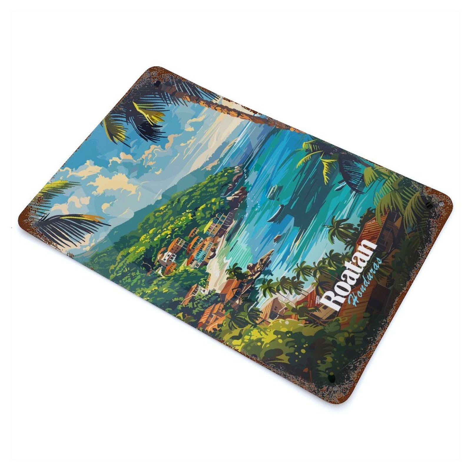 Decorative Tin Sign Roatan Honduras Tropical Coastline Art 11.8"x7.9", Vintage Wall Decor for Pub, Kitchen And Man Cave Decor