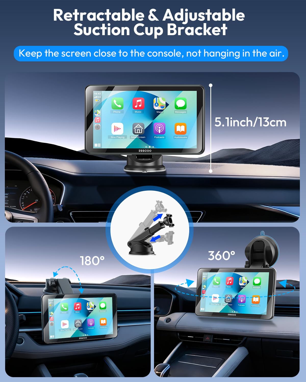 ESSGOO Schermo CarPlay portatile da 7 pollici e wireless Android Auto | Supporta GPS, Siri e Google Assistant, radio FM, con telecamera posteriore, adatto per più veicoli