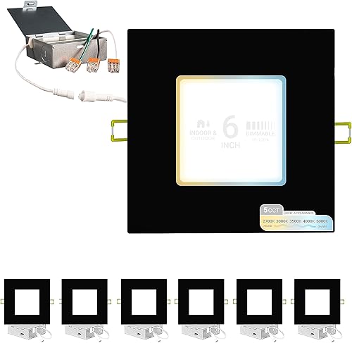 NUWATT Paquete de 6 luces LED empotrables cuadradas ultrafinas de 6 pulgadas, seleccionables 2700 K3000 K3500 K4000 K5000 K, alto brillo 1050