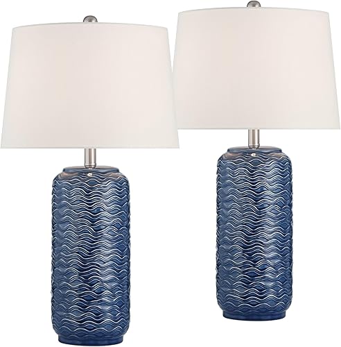 Miniatura 2 de 360 Lighting Waves - Juego de 2 lámparas de mesa costeras modernas de 26 12 pulgadas de alto, tela de cerámica azul, pantalla blanca, sala de estar,