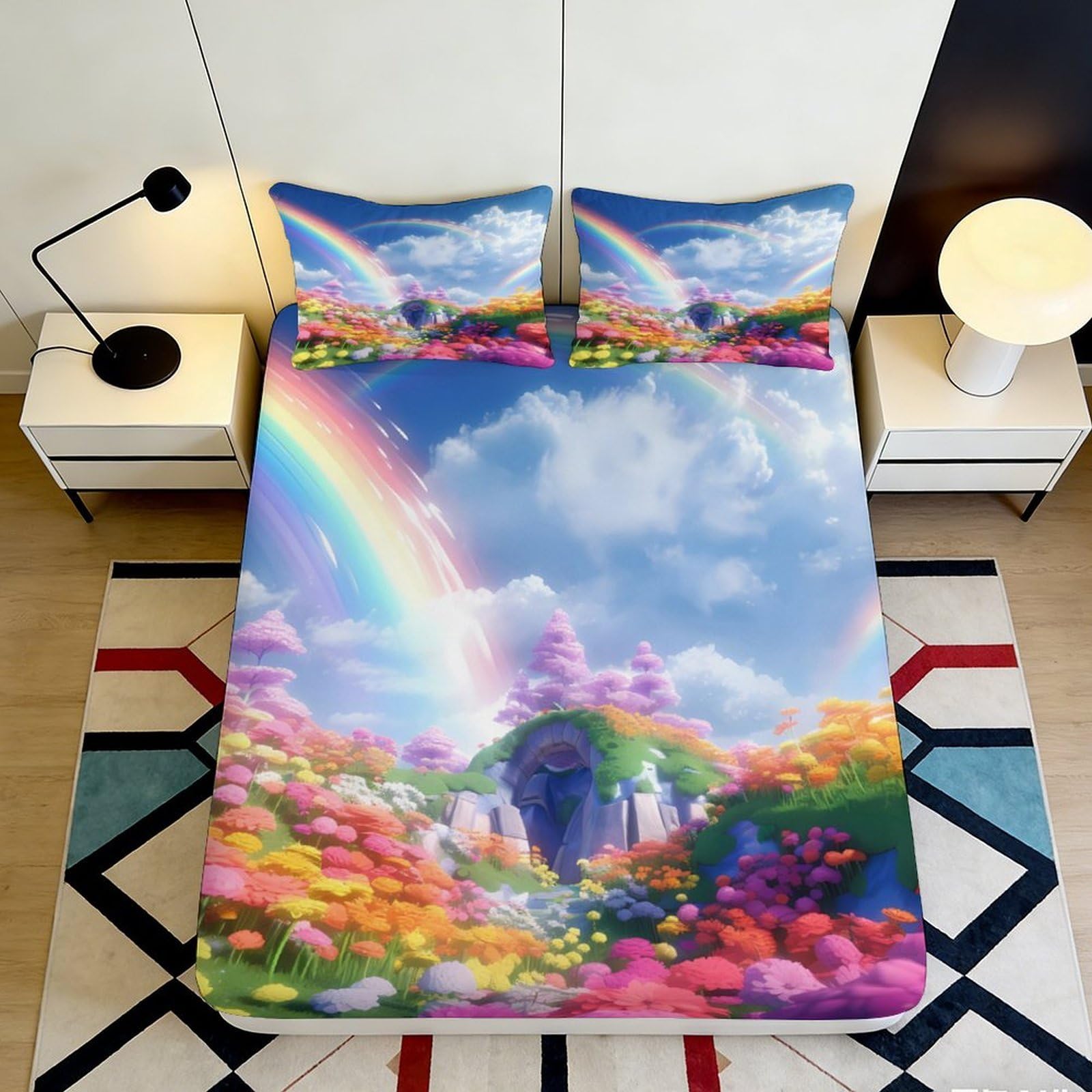 3D Printed Rainbow Dreamland Fitted Sheet Microfiber Soft Pastel Fantasy Landscape Mattress Cover for Bedroom Home Decor 120x200x25cm