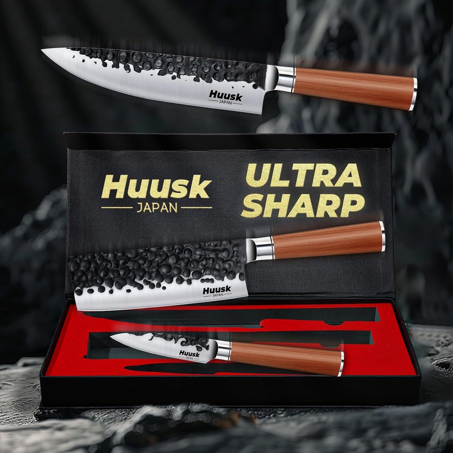 Huusk Japanese Kitchen Knife Set of 3, Professional Chef Knives Set for Kitchen, Sharp Cooking Knife Sets with Nakiri, Gyuto & Paring Knives, High Carbon Steel Sharp Cutting Knifes, Men Women Gifts