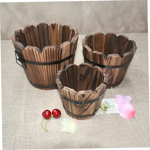 Miniatura 8 de Yardwe Maceta de madera retro de barril pequeño para decoración al aire libre, maceta de interior, suculentas, flores, decoración de escritorio al