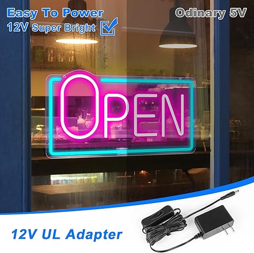 Miniatura 4 de Letrero de neón abierto para negocios, letrero de apertura LED súper brillante, letrero de neón abierto de 16 x 8 pulgadas (azul y rosa), con
