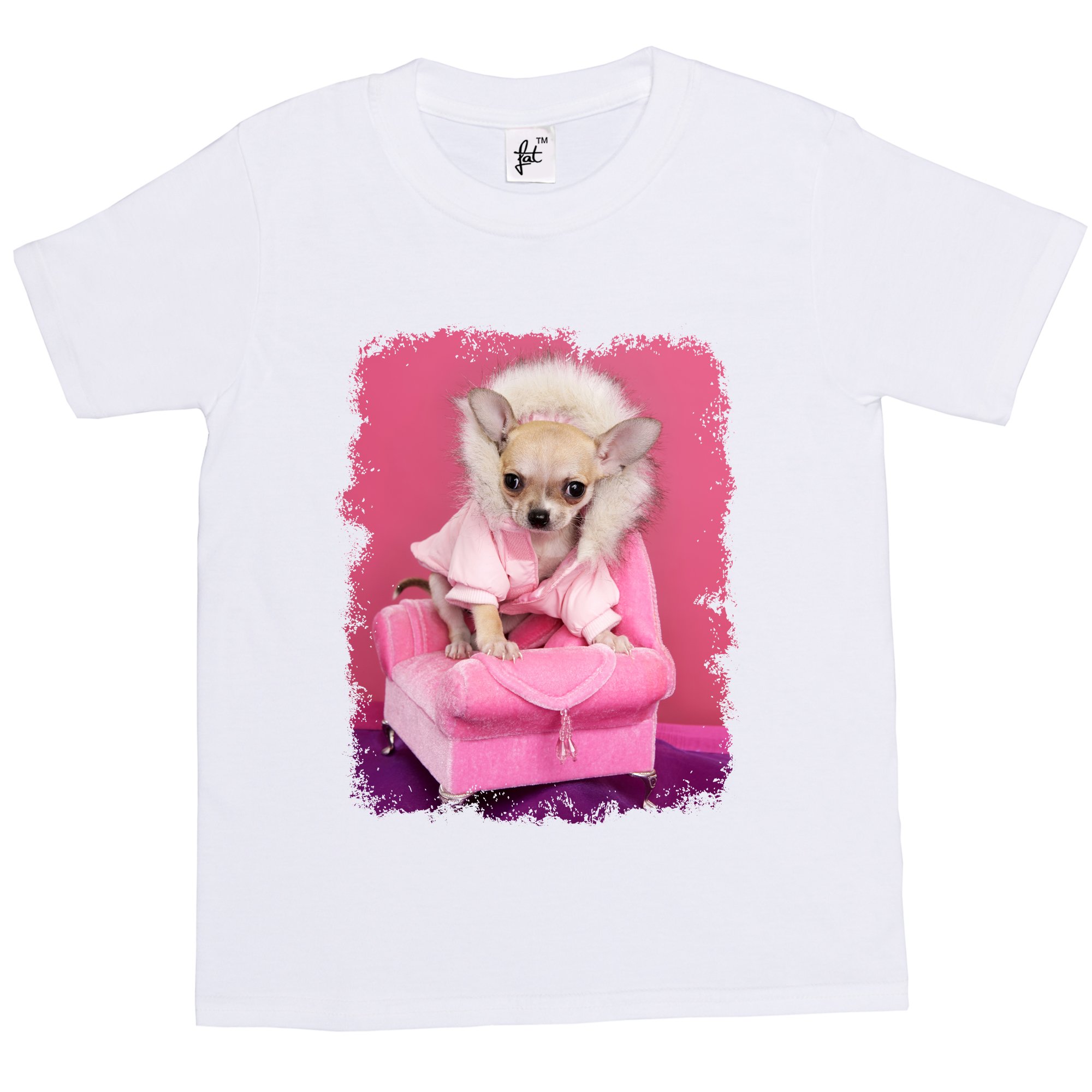 Fancy A Snuggle Cool Chihuahua Dog On Chair Kids Boy Girl Cotton Short White Sleeve T-Shirt - Size 12-14 Years