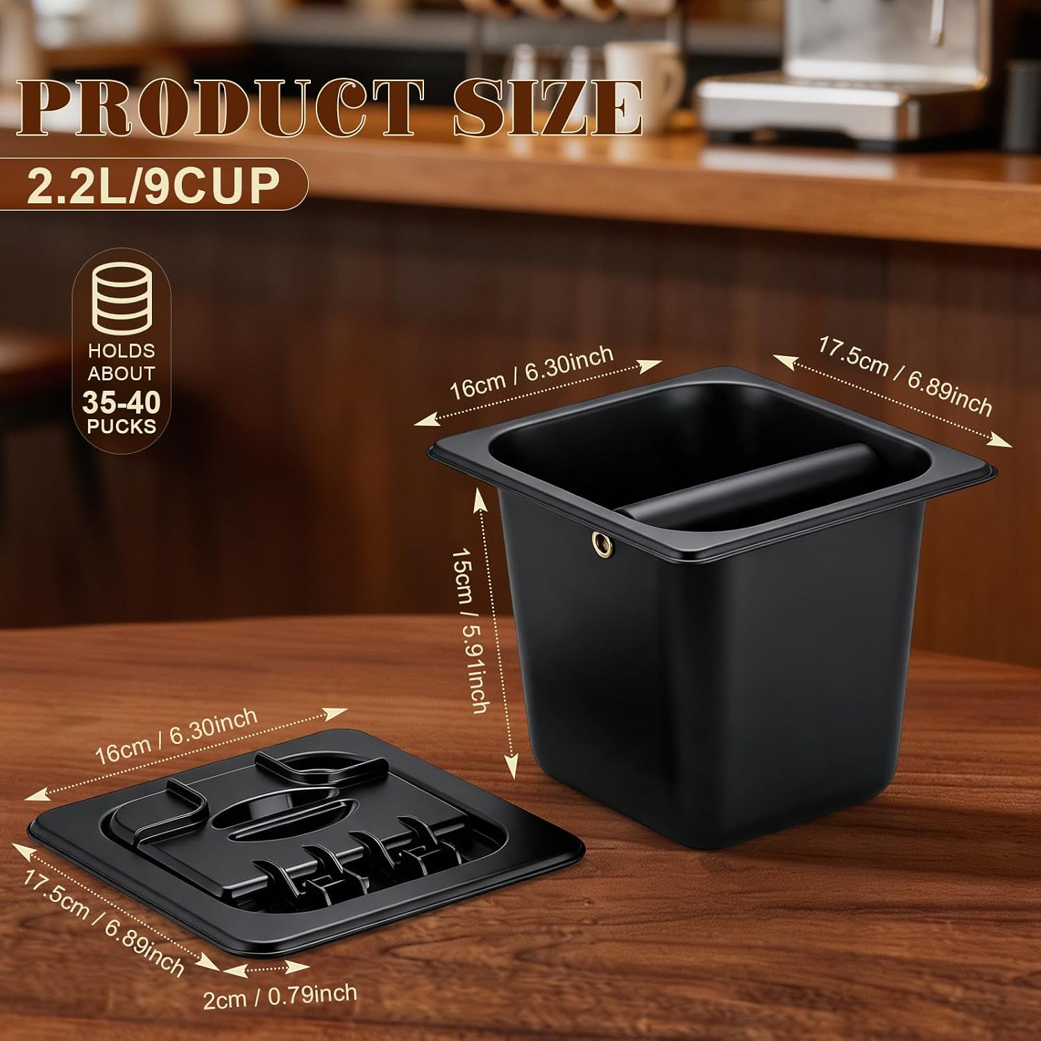 2.2L Large Espresso Knock Box with Lid, Stainless Steel Knock Box
