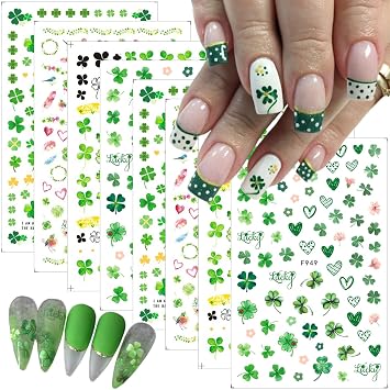 8Pcs St. Patricks Day Nail Stickers Shamrocks Nail Art Stickers Irish Four Leaf Clover Nail Decals 3D Self-Adhesive Design Stickers St. Patricks Day Nail Supplies Spring Summer Lucky Leaf Nail Decor