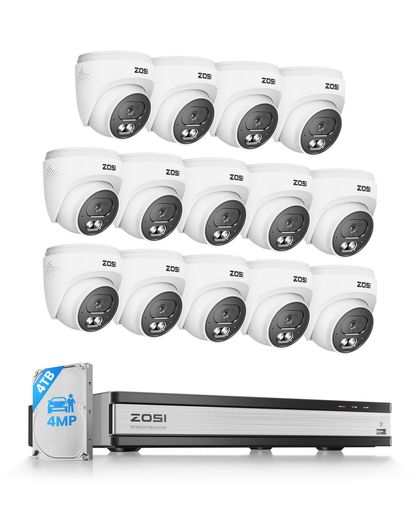 ZOSI C220 16CH 4K PoE Home Security Camera System, 16CH 8MP 4K NVR with 4TB HDD for 24/7 Record, 14 x 4MP(1440p) QHD 2.5K Dome IP Cameras Outdoor