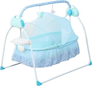 Electric Baby Crib 0-25Kg Cradle Automatic Intelligent Rocker Bed with 12 pieces of music and mosquito nets, Bluetooth Connection Functions Rocking Chair for 0-18 Months Baby, Blue