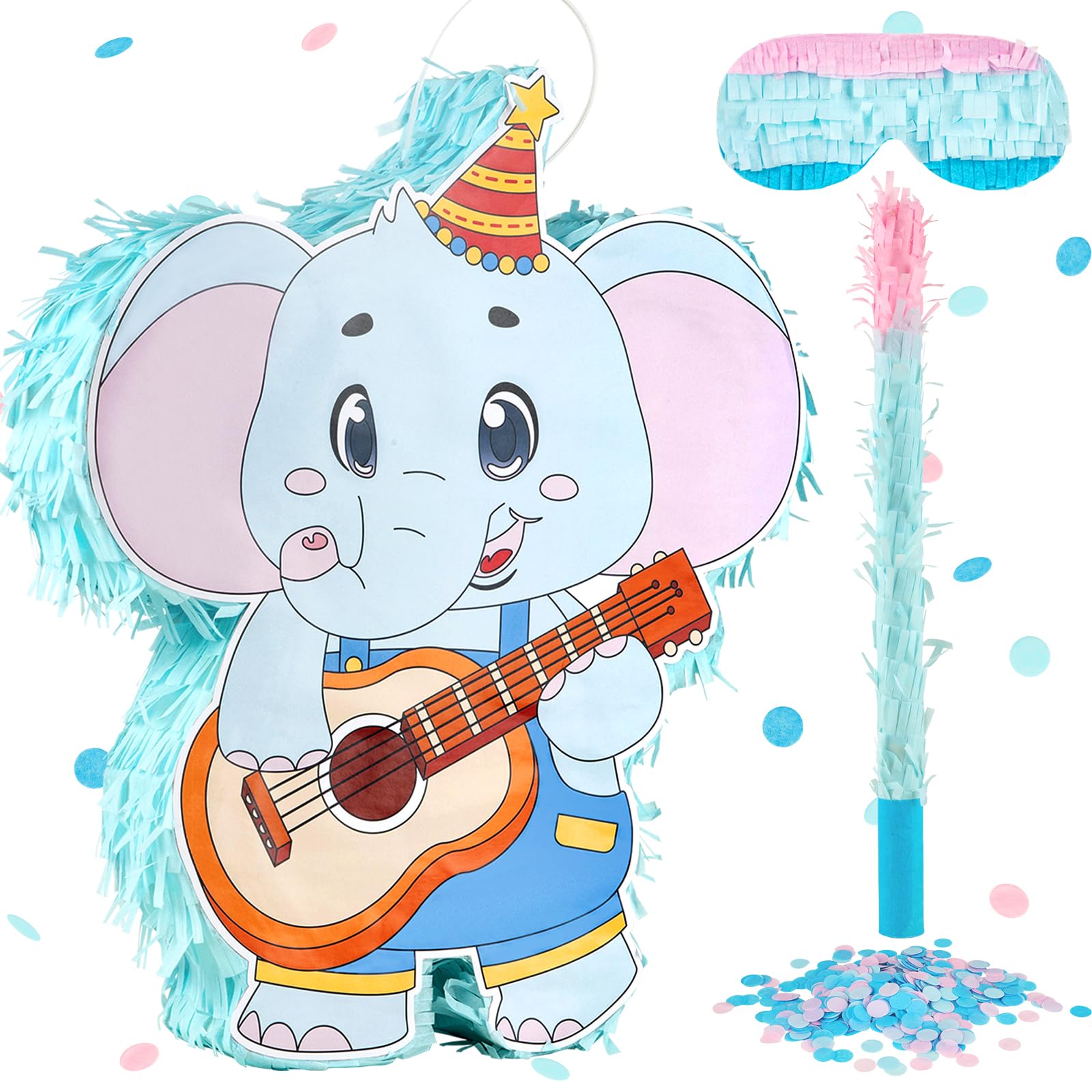 Pinata for Birthday Party Decoration - Mexican Theme Large Elephant Piñata Party Supply for Boy Girl with Stick & Blindfold & Confetti