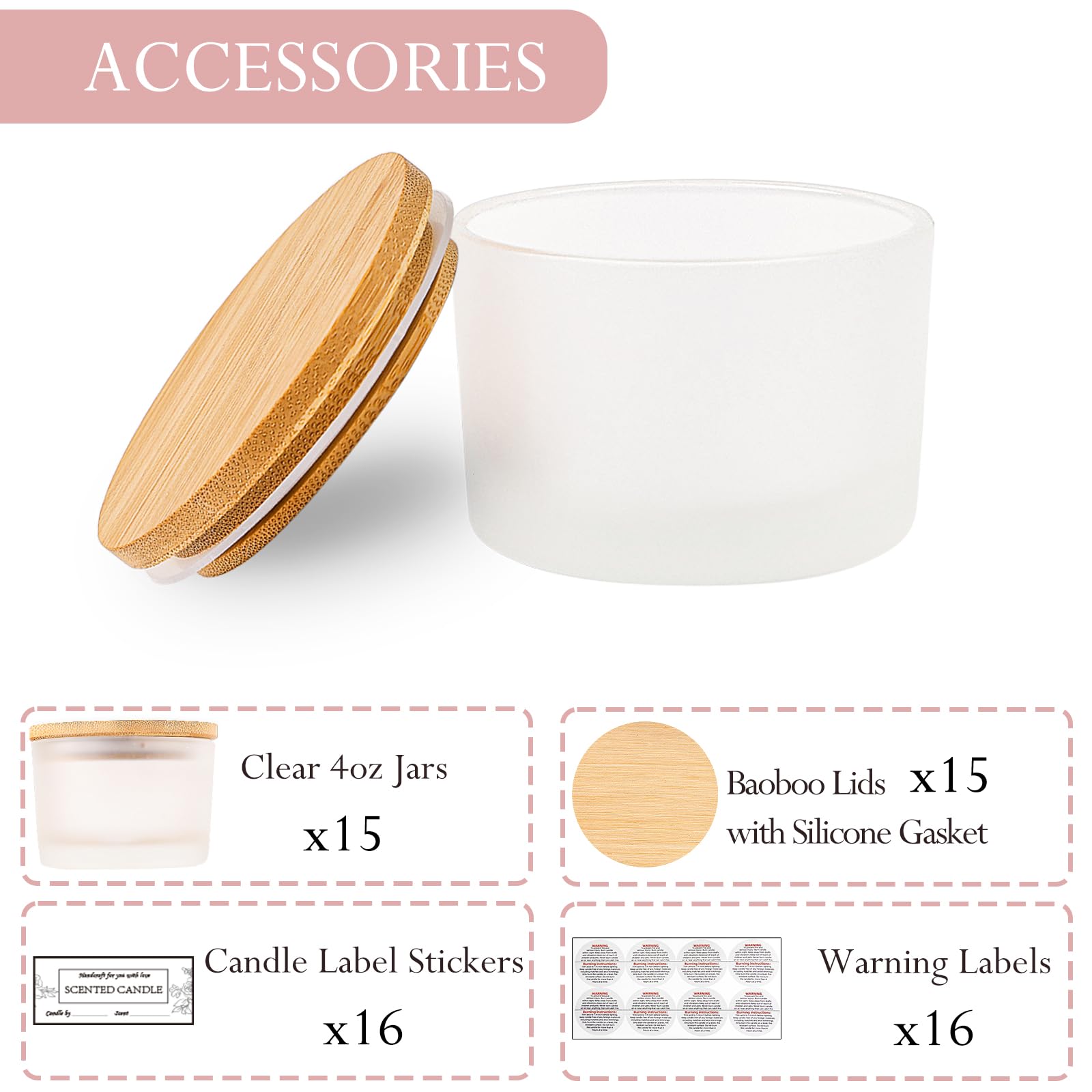 CONNOO 15 Pack 4 OZ Frosted Glass Candle Jars with Airtight Bamboo Lids - Image 2