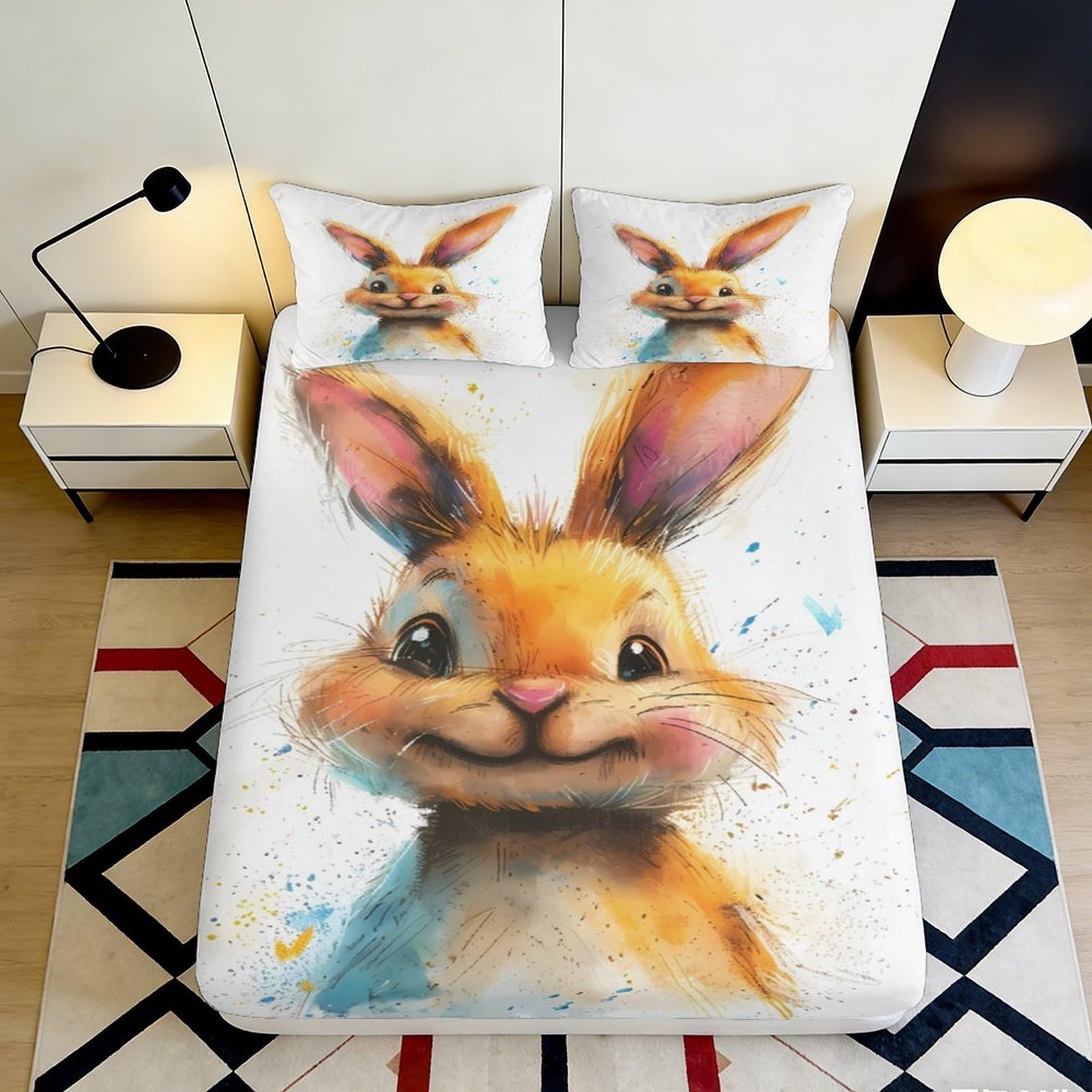 3D Printed Cartoon Rabbit Fitted Sheet Microfiber Deep Pocket Non-Slip Rabbit Mattress Fitted Cover for Bedroom 180x200x25cm