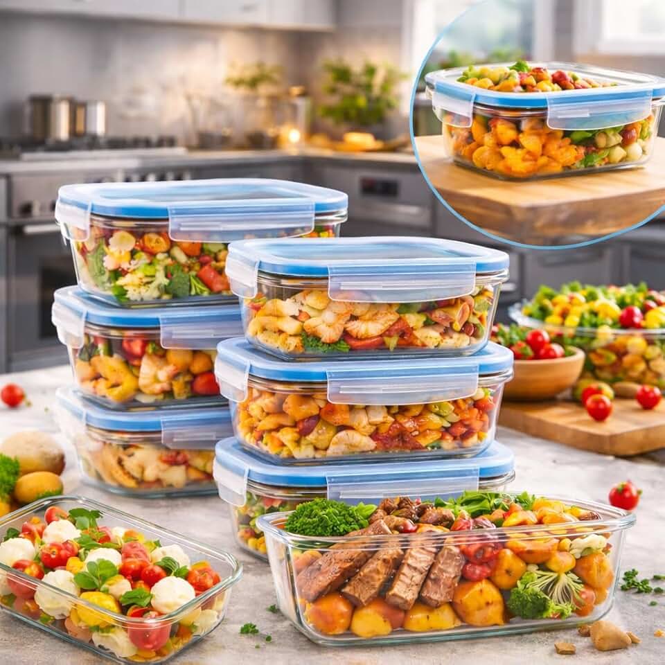 Kit 6 Potes de Vidro Hermético 640ml Borossilicato com 4 Travas – Marmita Fit, Pote para Alimentos Freezer Micro-ondas Lava-Louças Super Resistente Linha Rhead Premium - Aproximadamente 18x13x6 cm