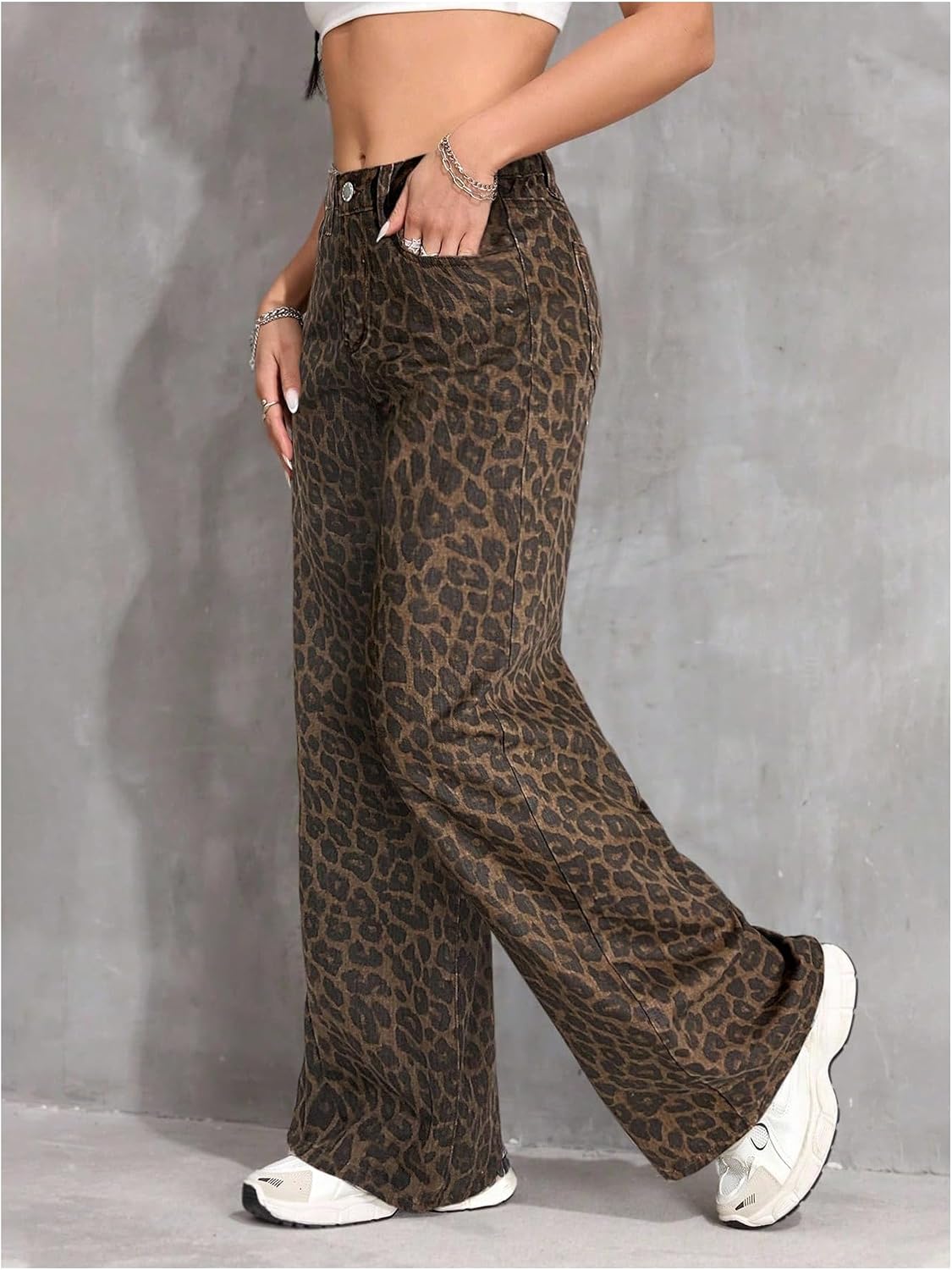 SweatyRocks Girl's Y2k Leopard Print Baggy Jeans Elastic Waist Wide Leg Denim Pants