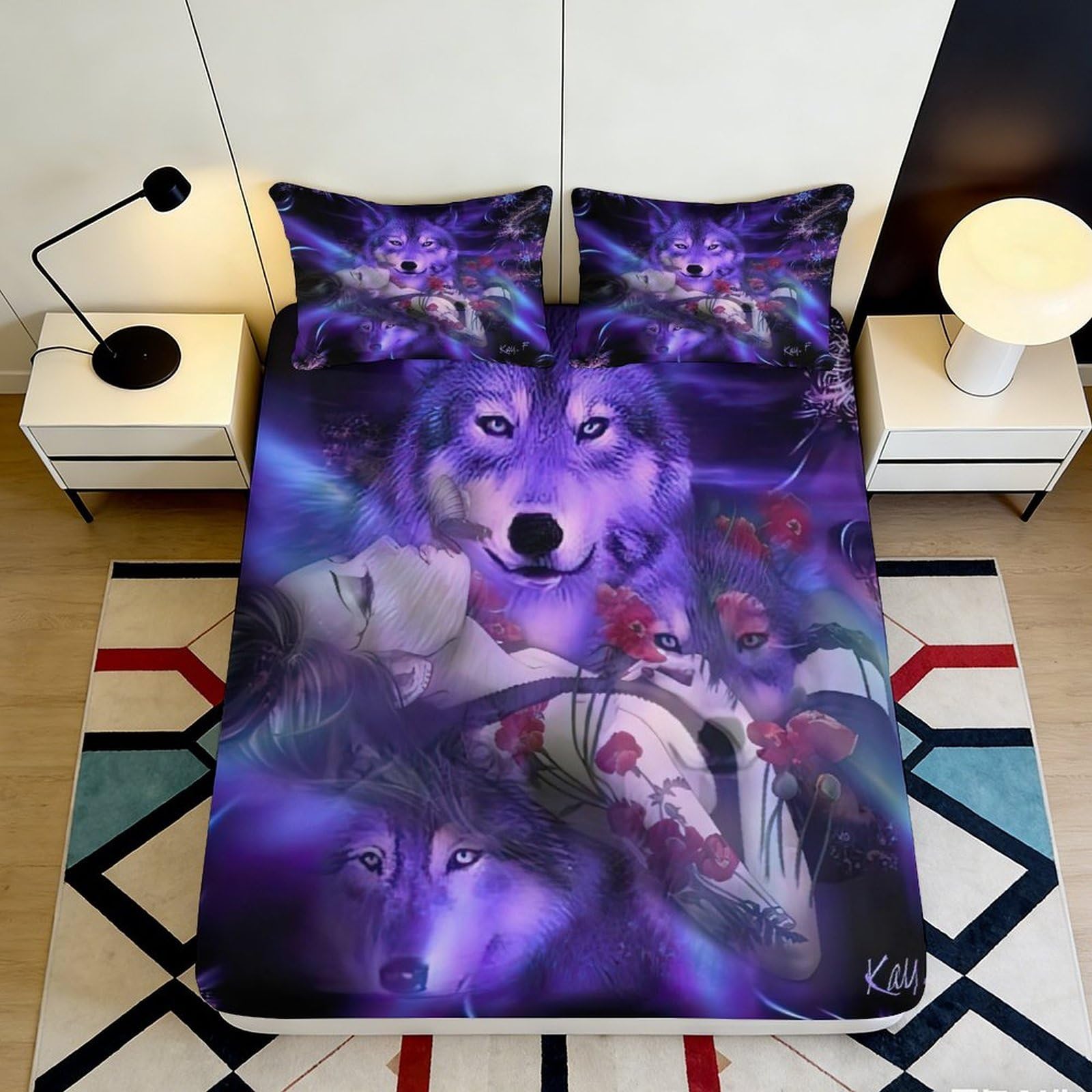 3D Printed Mystic Wolf Fitted Sheet Microfiber Soft Breathable Night Spirit Bed Cover for Bedroom Dormitory Guest Room Mattress Protection Decor 180x200x25cm