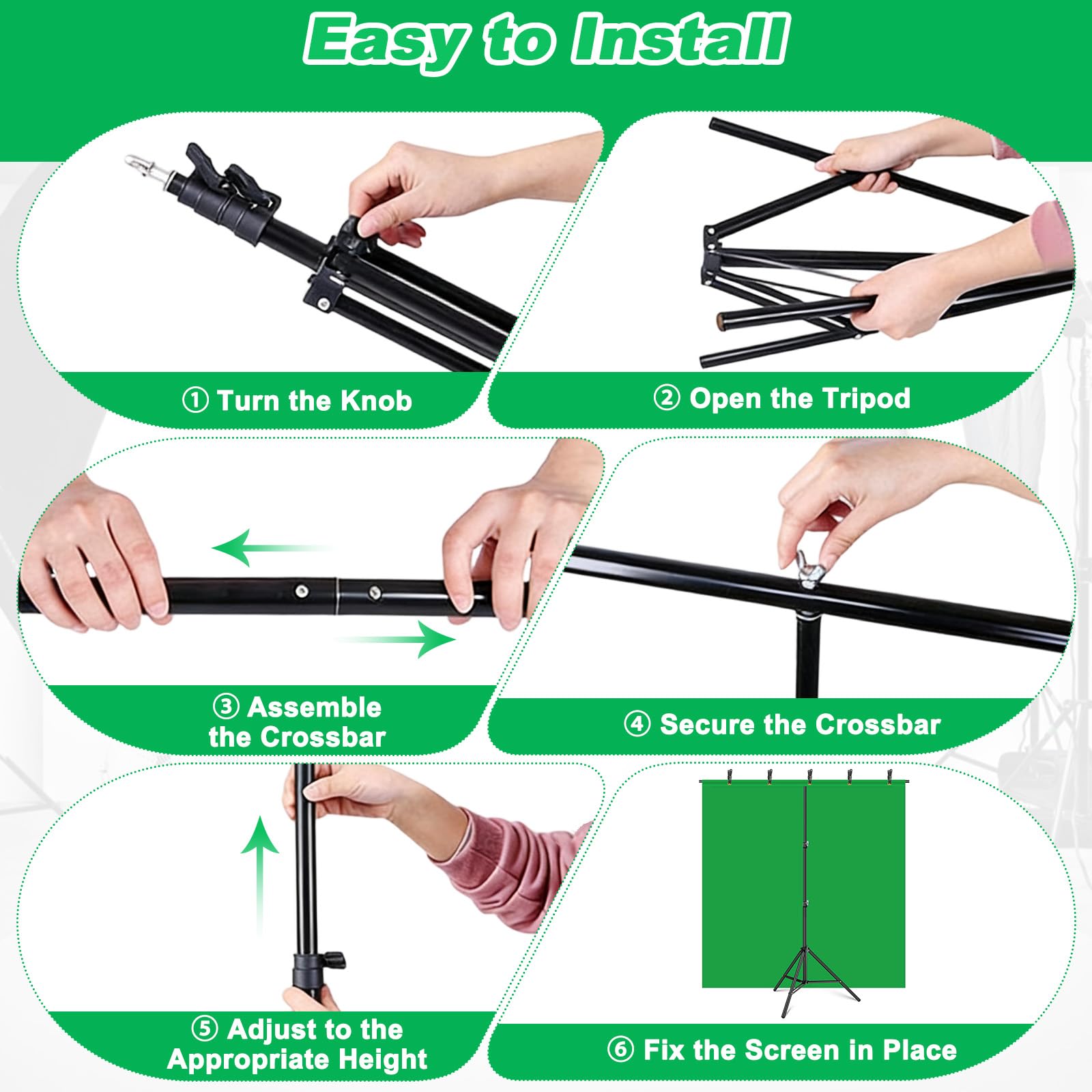 1,5x2m Kit Fond Vert avec Support, 5 Pinces et 1 Sac Rangement, Backdrop Photo Pliable Portable pour Studios Photographie/Vidéo, Streaming Direct, Youtube/TikTok, Jeux Vidéo et Réunions Zoom