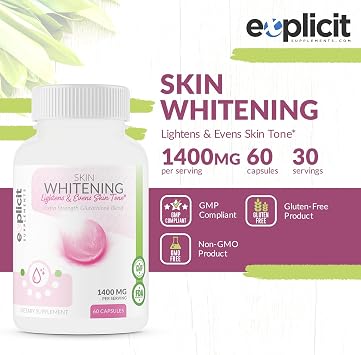 Skin Whitening Supplement, Glutathione 1000mg, Clears and Evens Skin Tones, Helps Clear Up Dark Spots and Acne Scars - 60 Capsules