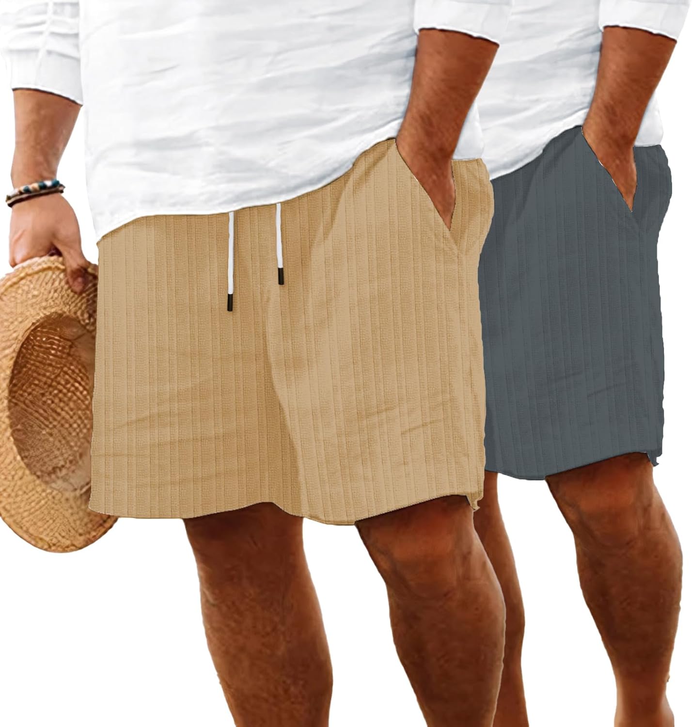 Mens Shorts Flat Front Casual Elastic Waist Drawstring Summer Beach Vacation Shorts with Pocket