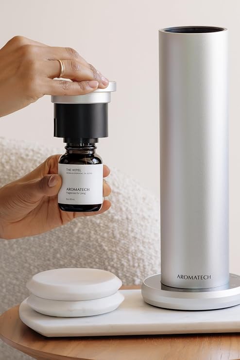 AromaTech New AroMini BT Plus Scent Diffuser w/Bluetooth Cold-Air Diffusion Scent Machine for Home, Office, Hotel, Spa Nebulizing Diffusion System for Essential Oil Blends (Silver)