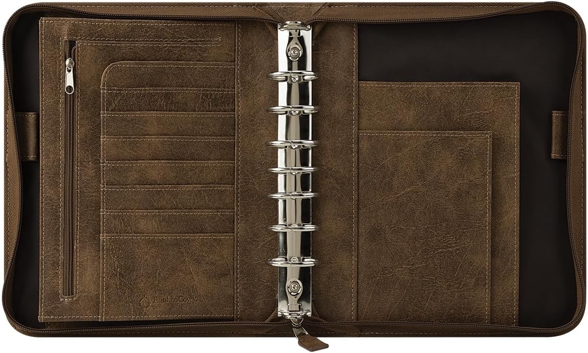 FranklinCovey - FC Basics Ring-Bound Binder for FranklinCovey Planners | Distressed Simulated Leather - Zipper Binder (Classic, Brown)