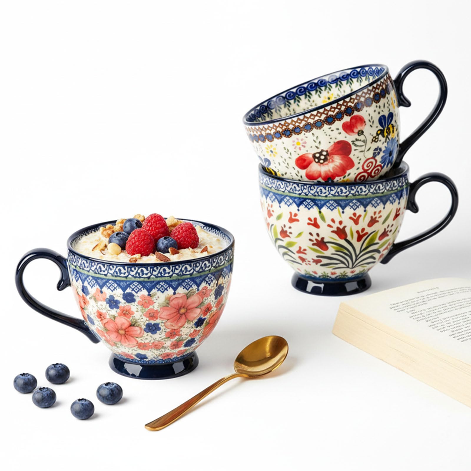 Set di 4 tazze da colazione in ceramica, 510 ml, con motivo floreale dipinta a mano, con manico, set di tazze in porcellana, tazze da cappuccino in ceramica, adatte al microonde
