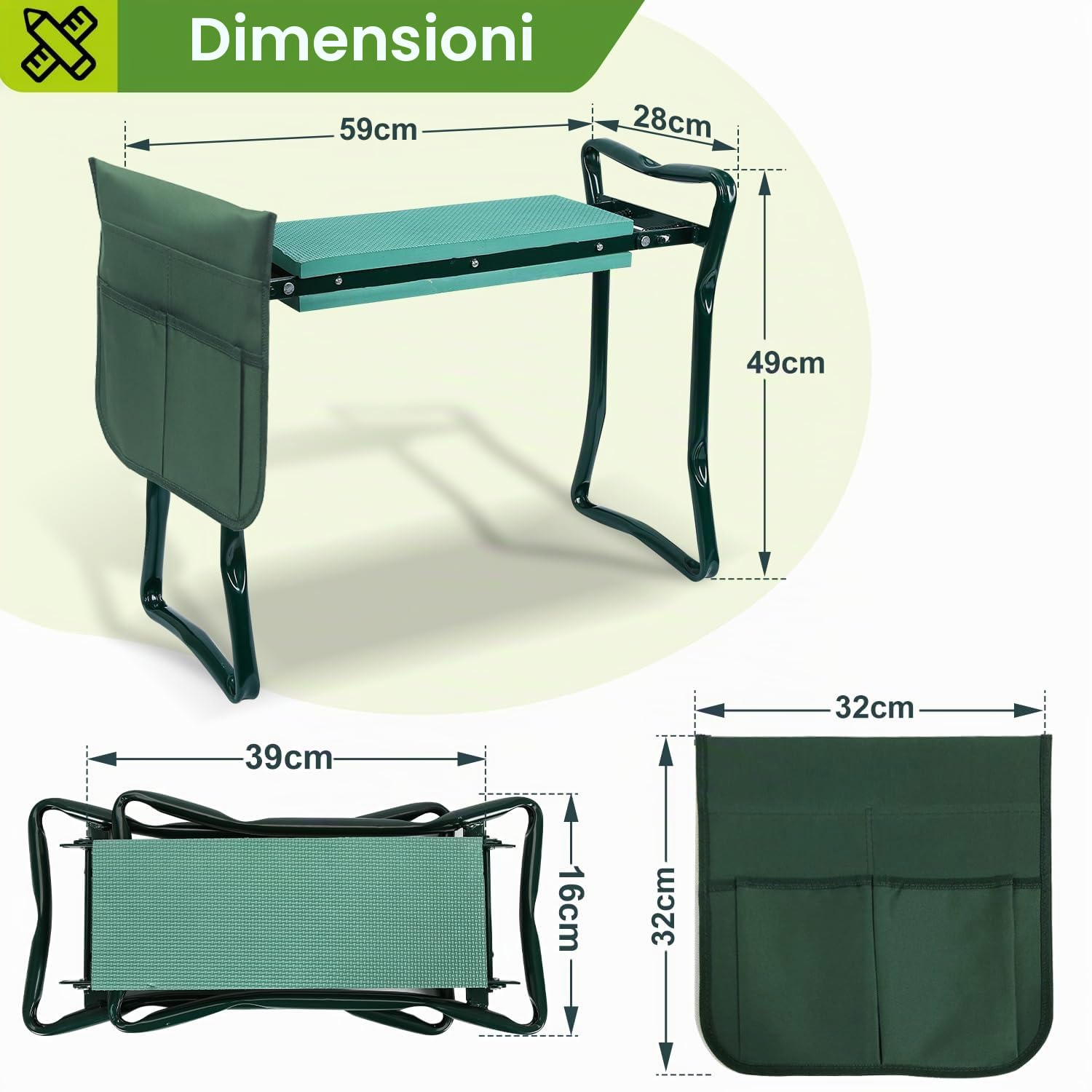 Randaco - Sgabello da giardino con tappetino in schiuma EVA, portatile, pieghevole, con borsa per gli attrezzi, per lavori di giardinaggio, portata fino a 150 kg