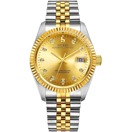 BUREI Orologio da polso automatico da uomo Lente in zaffiro sintetico  antigraffio con quadrante dorato e cinturino in acciaio inossidabile  bicolore : Amazon.it: Orologi