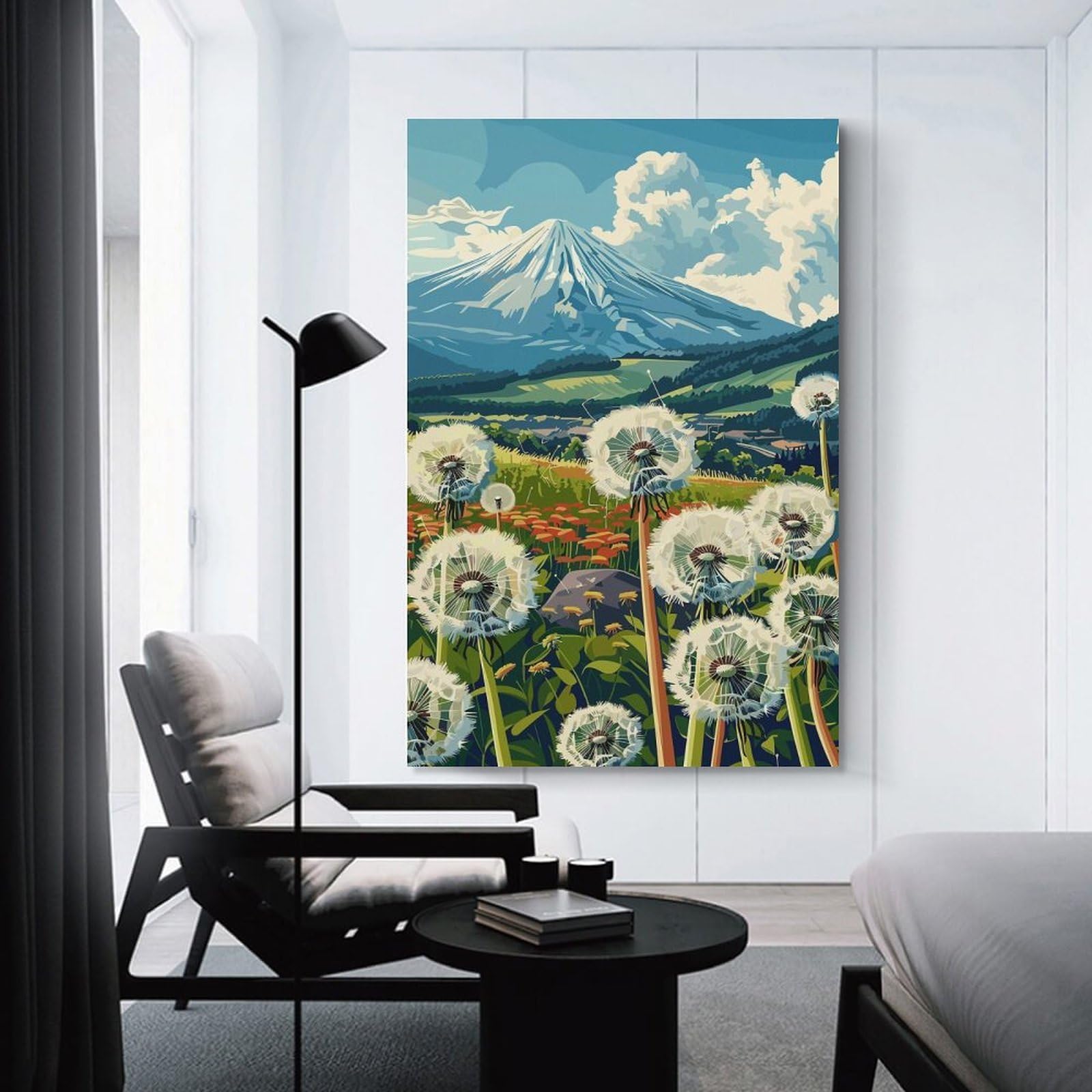 Junmoney Mount Fuji Dandelion Field Home Decor Wall Art 24x36inch(60x90cm), for Restful Interiors, Bedrooms Or Small Rooms, Decorative Wall Art for Cosy Rooms