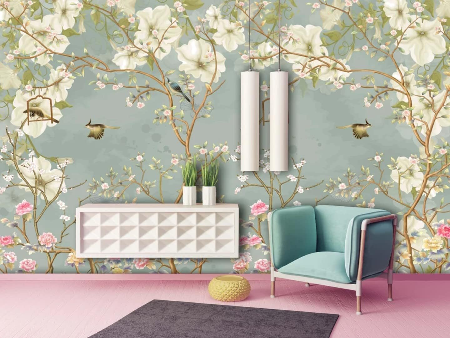 Flowers and Birds On Green Background Floral Peel and Stick Wallpaper 100''H x 150''W