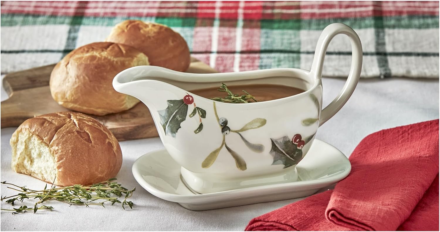 tag Winter Sprig Ceramic Gravy Boat & Saucer Set - 12oz Capacity, Dishwasher Safe, Multicolor Kitchen Serving Accessory Multicolor