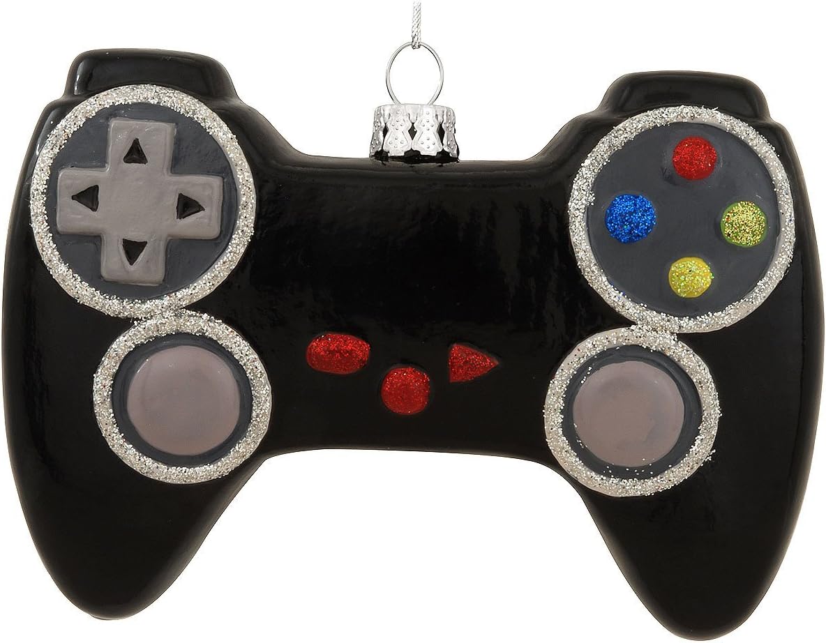 Video Game Controller Christmas Ornament in Black Glass - Great Gift For Video Gamers, Video Game Lovers, Christmas Tree Holiday Decorations for Gaming, Sega, Nintendo, or Playstation Fans