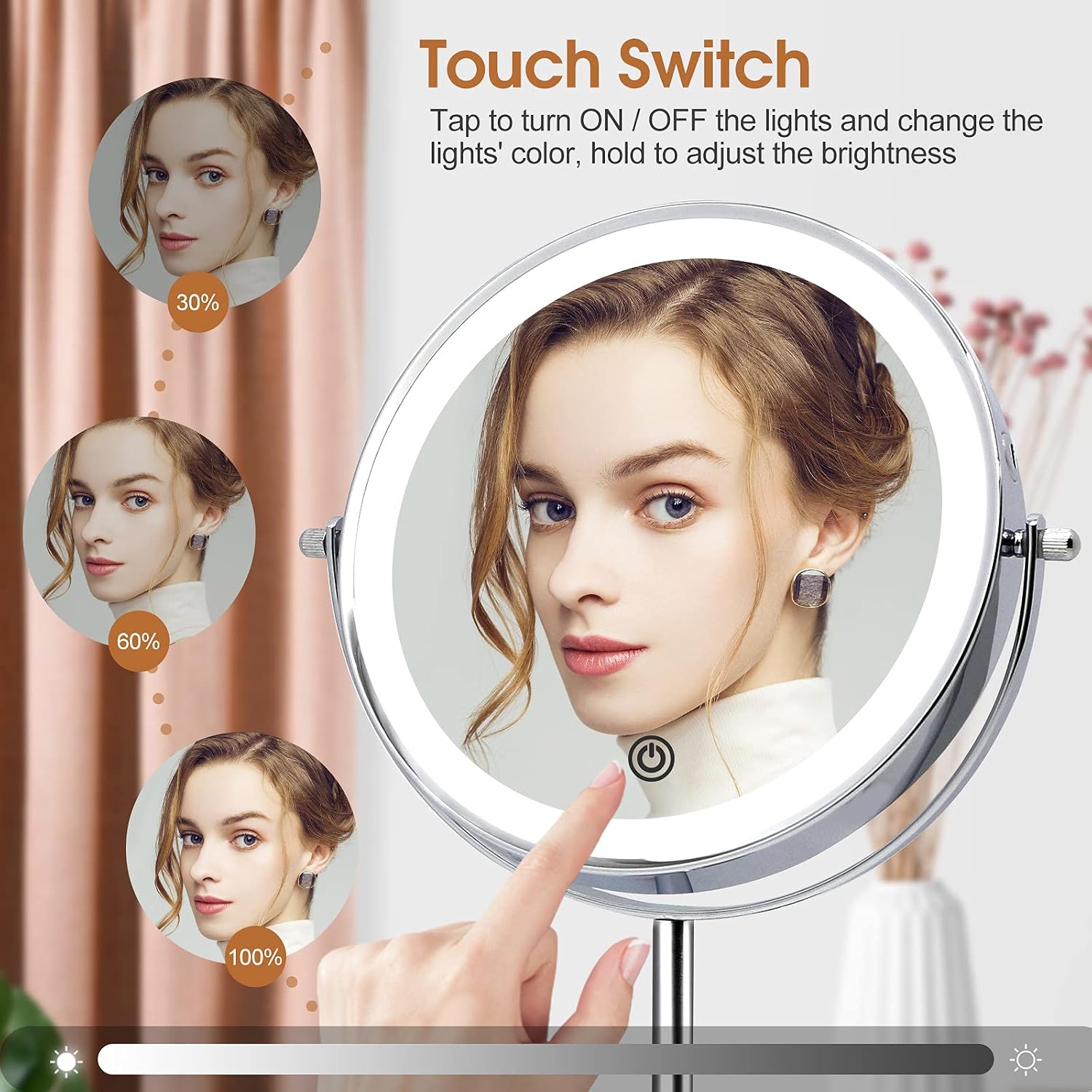 Lighted Makeup Vanity Mirror with Magnification, Rechargeable 10X Magnifying Makeup Mirror with 3 Color Lighting, 8 inch Double Sided Light Up Mirror, Touch Screen 360° Rotation Desk Cosmetic Mirror