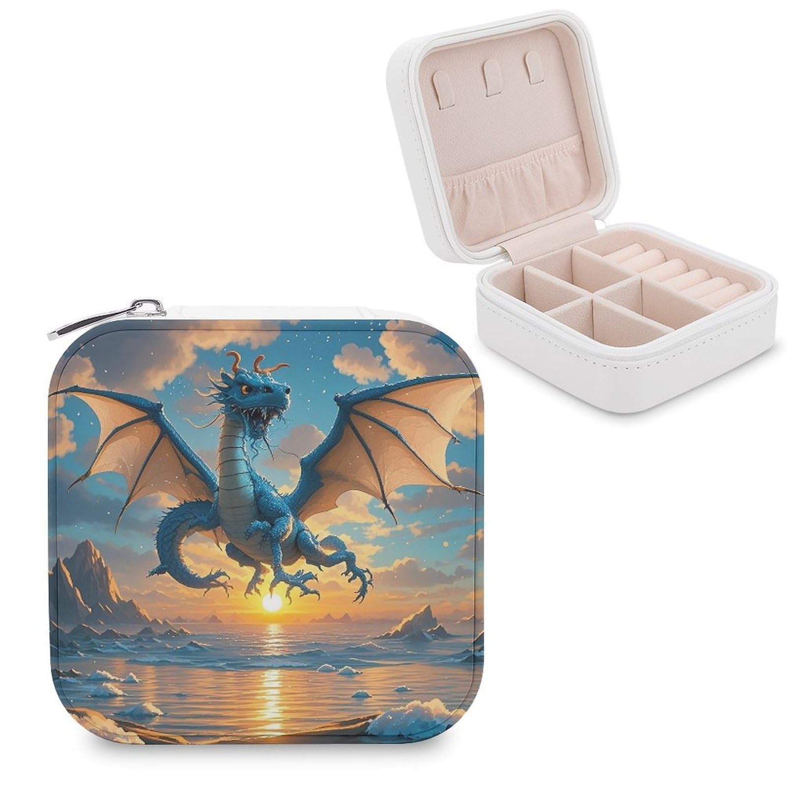 LZQPOEAS Sea Sunset Flying Dragon Jewelry Box Mini Jewelry Travel Case Trendy Stuff Ring Box Custom PU Leather Jewelry Boxes Portable Jewelry Case Earring Storage Organizer for Girls Women