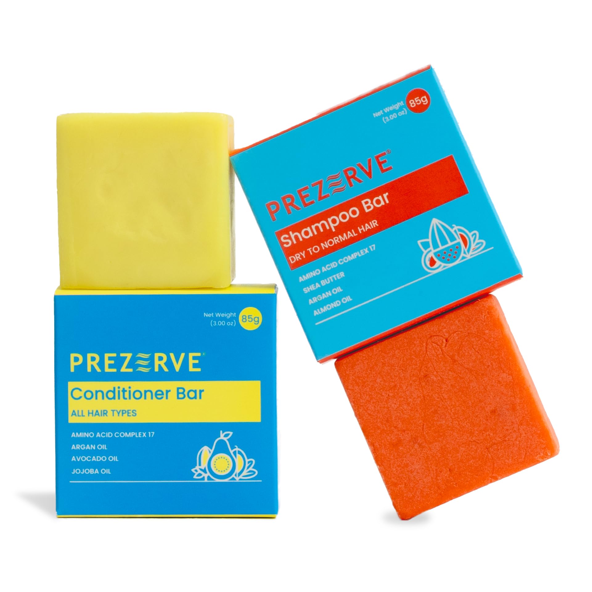 Prezerve - Shampoo & Conditioner Bar Combo | Natural Ingredients | Hydrates & Detangles | Safe for Color/Chemically Treated Hair | Soap Free | Unisex | Ideal for All Hair Types, (2 count)