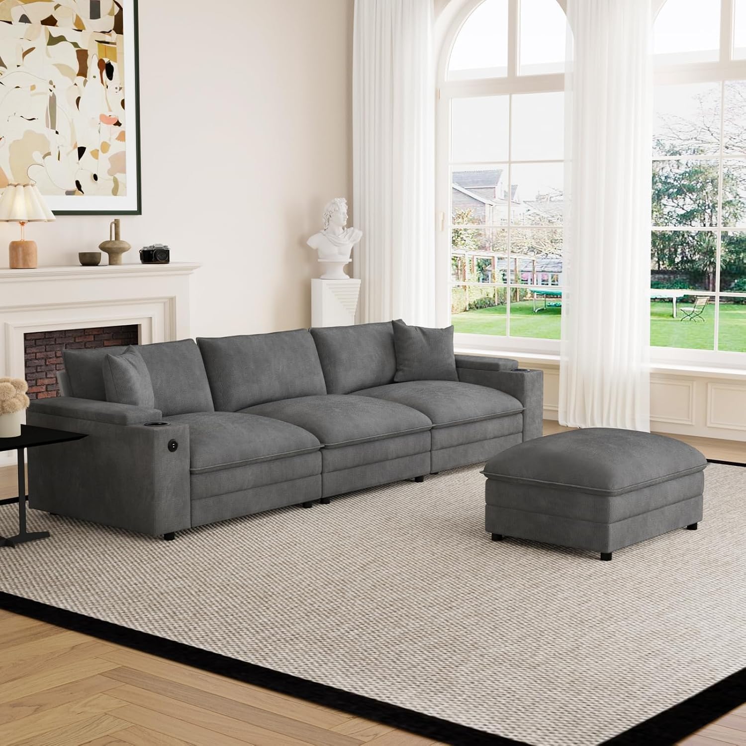 115" Cloud Sofa Couch with Ottoman, Storage Armrest, Cup Holders, USB & Type-C Ports, Spring Cushions, Solid Wood Frame, Chenille Modular Sectional for Living Room (Dark Gray-115.2")