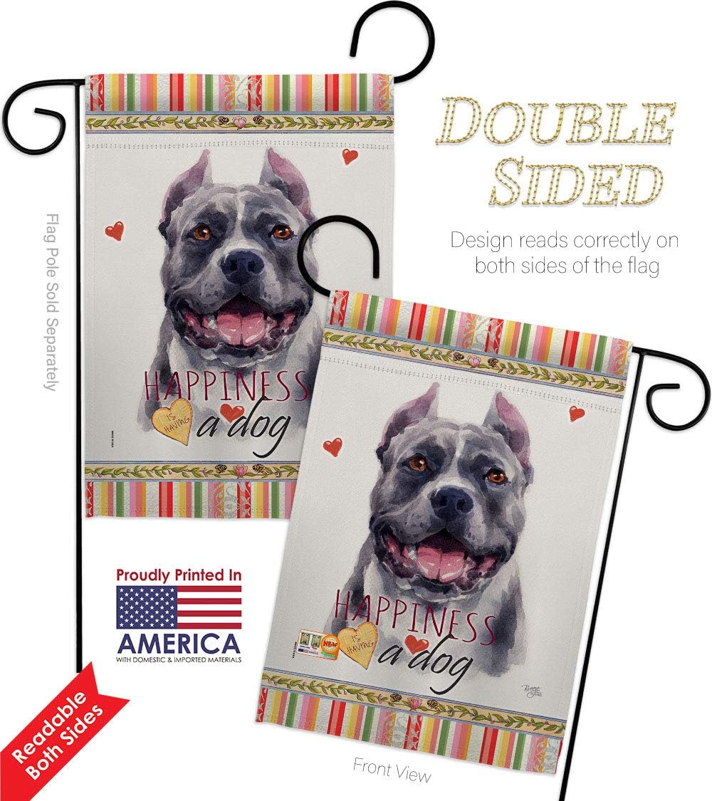 Black Pitbull Happiness Garden Flag Set Wall Holder Animals Dog Puppy Spoiled Paw Canine Fur Pet Nature Farm Animal Creature Small Decorative Gift Yard House Banner Double-Sided Made In USA 13 X 18.5