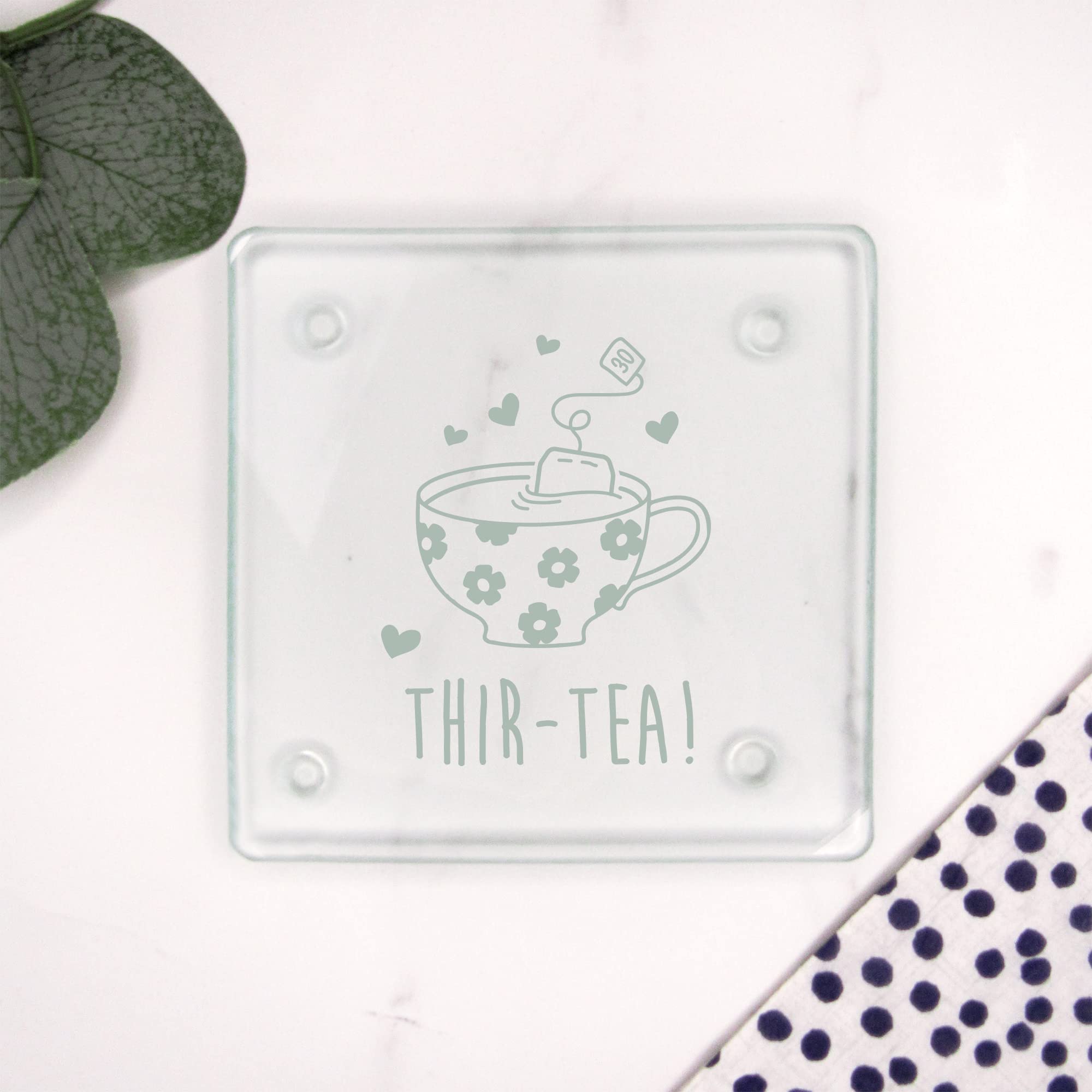 eBuyGB Engraved Square Glass Coaster -THIR-Tea Design - 30th Birthday Gifts for Women, Her - Thirtieth Birthday Gift for Mum, Friend, Sister, Auntie - Drinks Mat