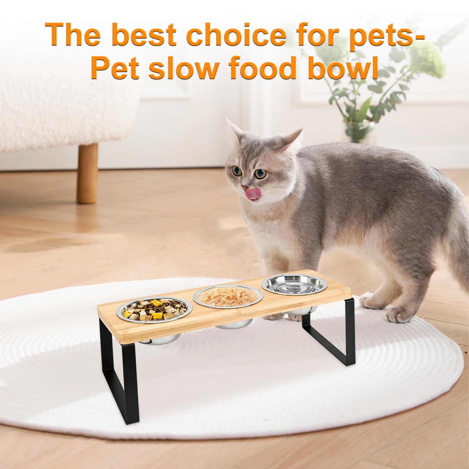 Lot de 3 gamelles surélevées en acier inoxydable avec support, inclinées à 15° – Station d'alimentation surélevée pour chats et petits chiens, anti-vomissements, base en bambou, facile à nettoyer