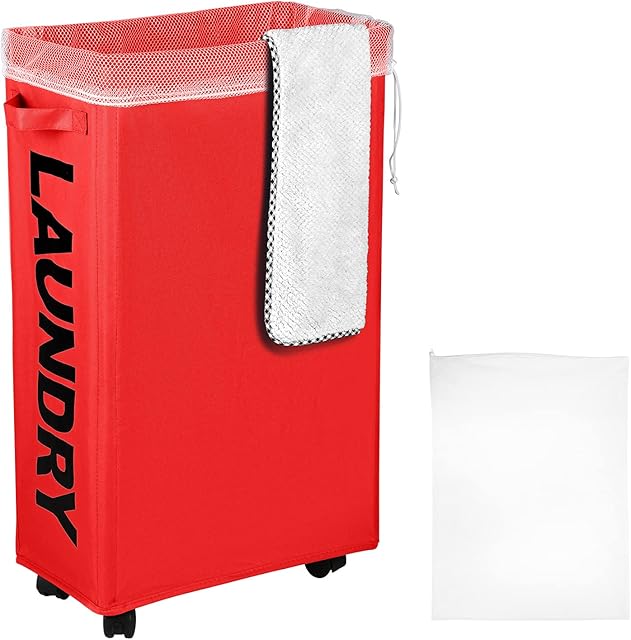 IHOMAGIC Laundry Hamper on Wheels 62L - Collapsible Tall Slim Laundry Baskets Handles, Laundry Bin with Removable Mesh Laundry Bags - Slim Rolling Washing Bin for Bedrooms, Living Room, Bathroom (Red)