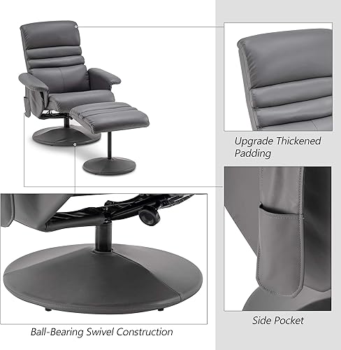 Miniatura 14 de MCombo Silla reclinable con otomana, silla reclinable con masaje, silla giratoria 360 de piel sintética, 7902 (gris oscuro) Gris