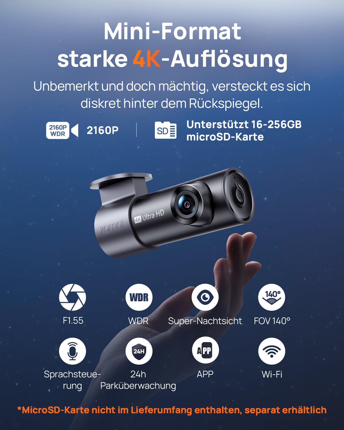 70mai M310 Plus 4K Dashcam 2160P Mini mit 360° Drehbarl, WiFi, G-Sensor, Super Nachtsicht, WDR, F1.55 Blende, 24h Parküberwachung, Loop-Aufnahme, 256 GB