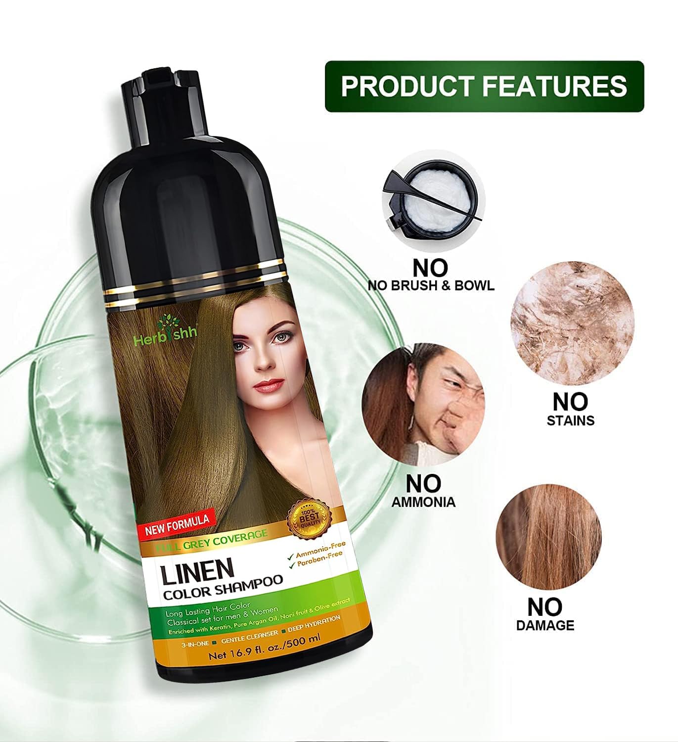 Herbishh Ultimate Hair Color Shampoo Kit (2 sztuki szampon do włosów + maska arganowa) do siwych włosów, trwały szampon do farbowania włosów dla mężczyzn i kobiet, długotrwały szampon (Linen)