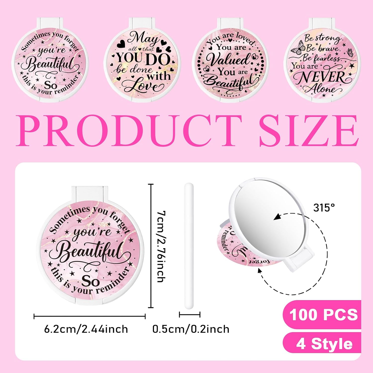 100Pcs Round Folding Hand Compact Mini Pocket Mirrors Bulk, Inspiring White Makeup Gifts for Women Mother's Day Party Favors, Encouraging Words Purse Mirror
