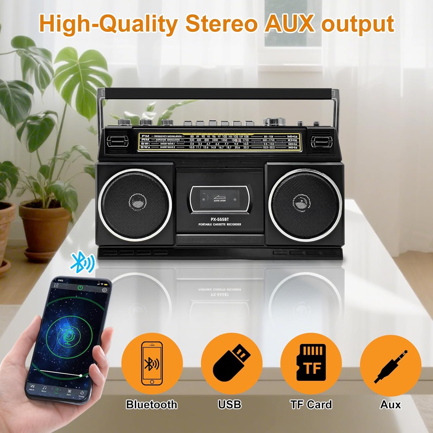 Kassettenspieler mit Bluetooth & Radio (AM/FM/SW) | Digitalisierung von Kassetten auf USB | Stereo Sound,10W, Kassettendeck, USB/TF-Wiedergabe, Netz-/Batteriebetrieb Boombox, Kopfhöreranschluss