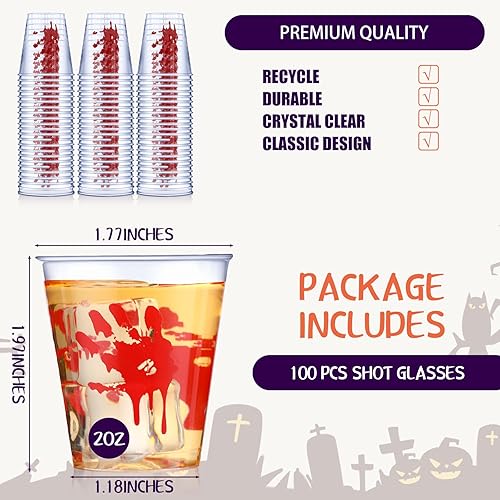 Miniatura 2 de Norme 100 vasos de chupito de plástico de Halloween con estampado de sangre de 2 onzas, vasos desechables de Halloween reutilizables, vasos de